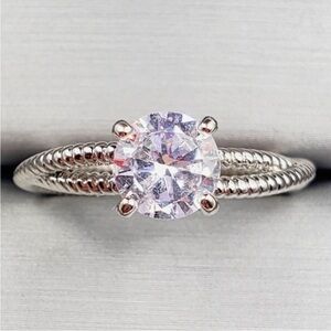 Round Cut Diamond Simulant Rhodium Plated Silver Tone Solitaire Cable Rope Ring